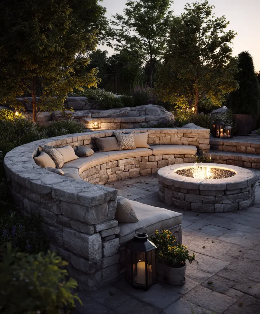 curved stone retaining wall that doubles as a bench, surrounding a cozy backyard fire pit