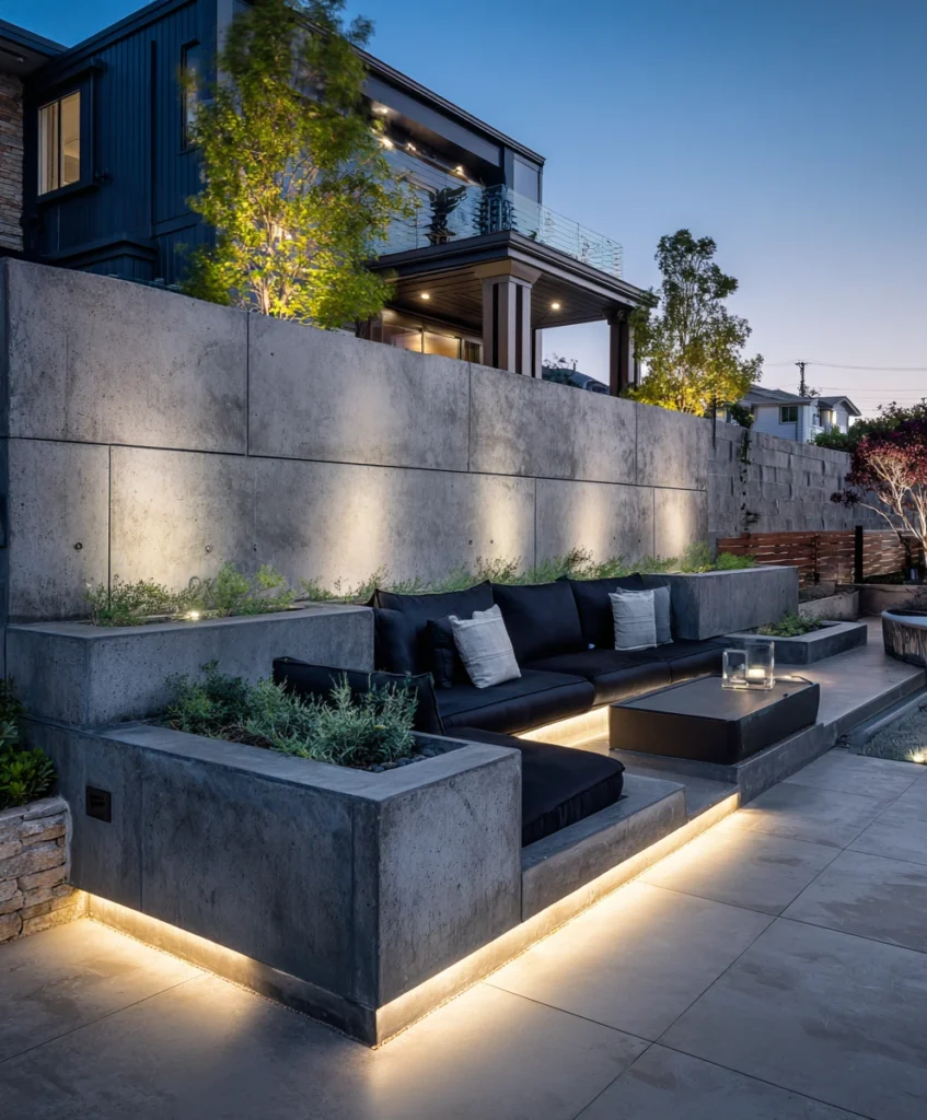 A contemporary concrete retaining wall with embedded LED strip lighting along the top and recessed lights at the base.