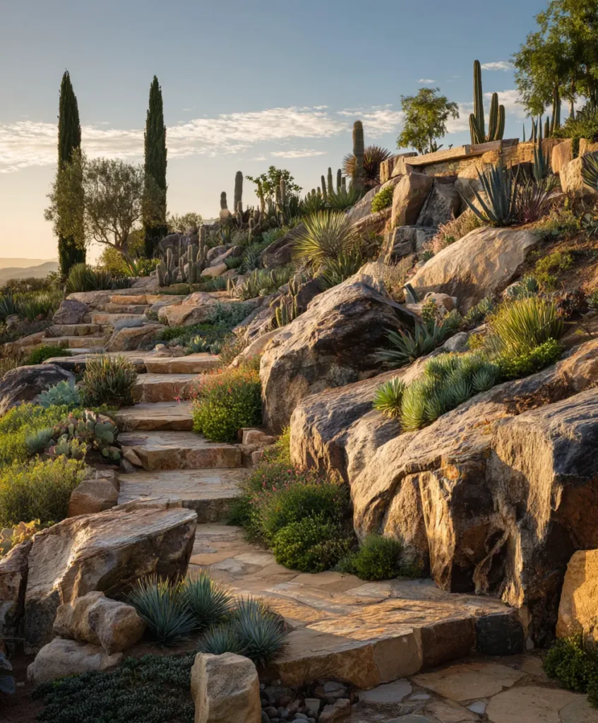 desert-style rock garden on a sloped hillside, featuring a winding stone pathway bordered by natural boulders and rugged rock walls