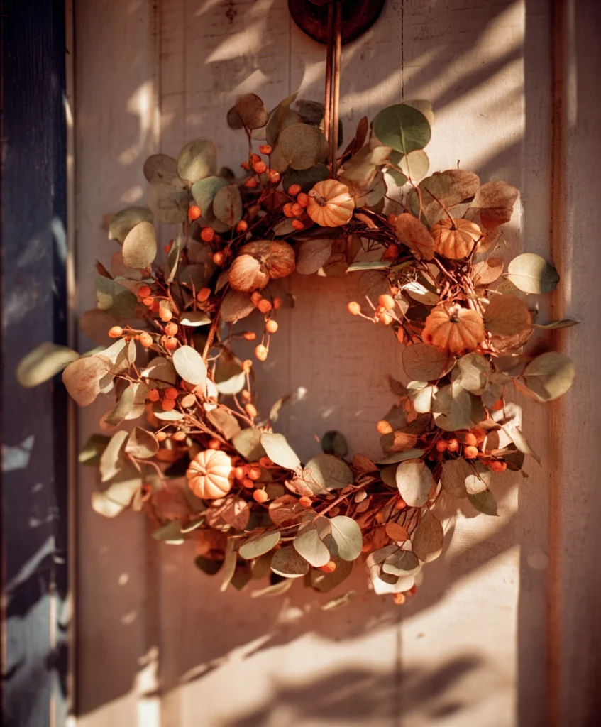 a rustic fall wreath on a farmhouse-style front door, made of dried leaves, eucalyptus, mini pumpkins, and orange berries