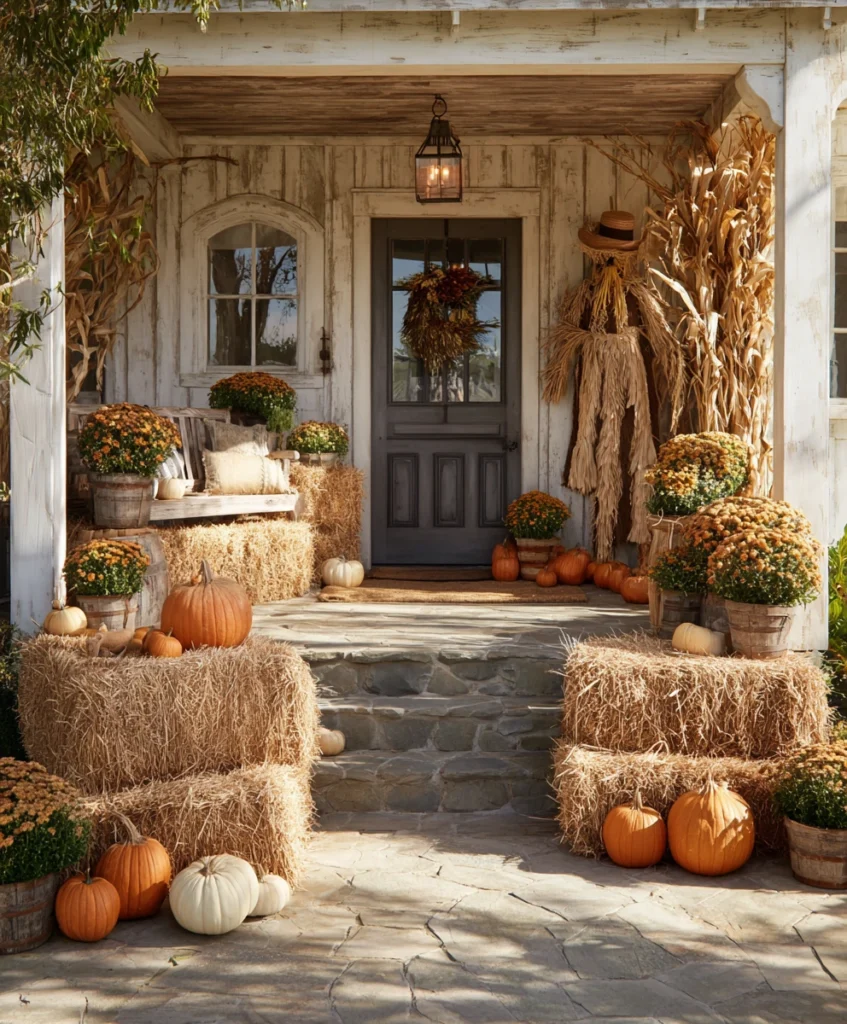 rustic front porch decorated with stacked hay bales, layered with pumpkins, mums, and a scarecrow
