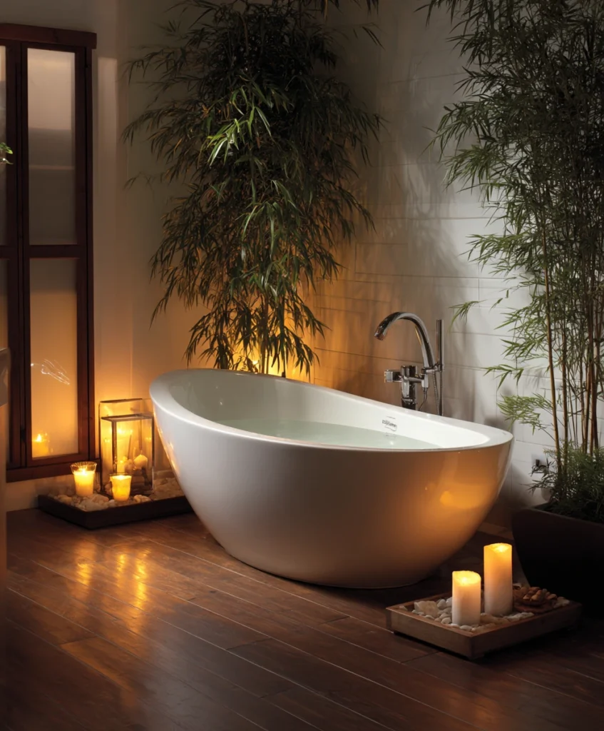 deep oval soaking tub on a wooden floor, surrounded by bamboo accents and soft candles, minimalist serene bathroom with warm lighting, relaxing retreat,