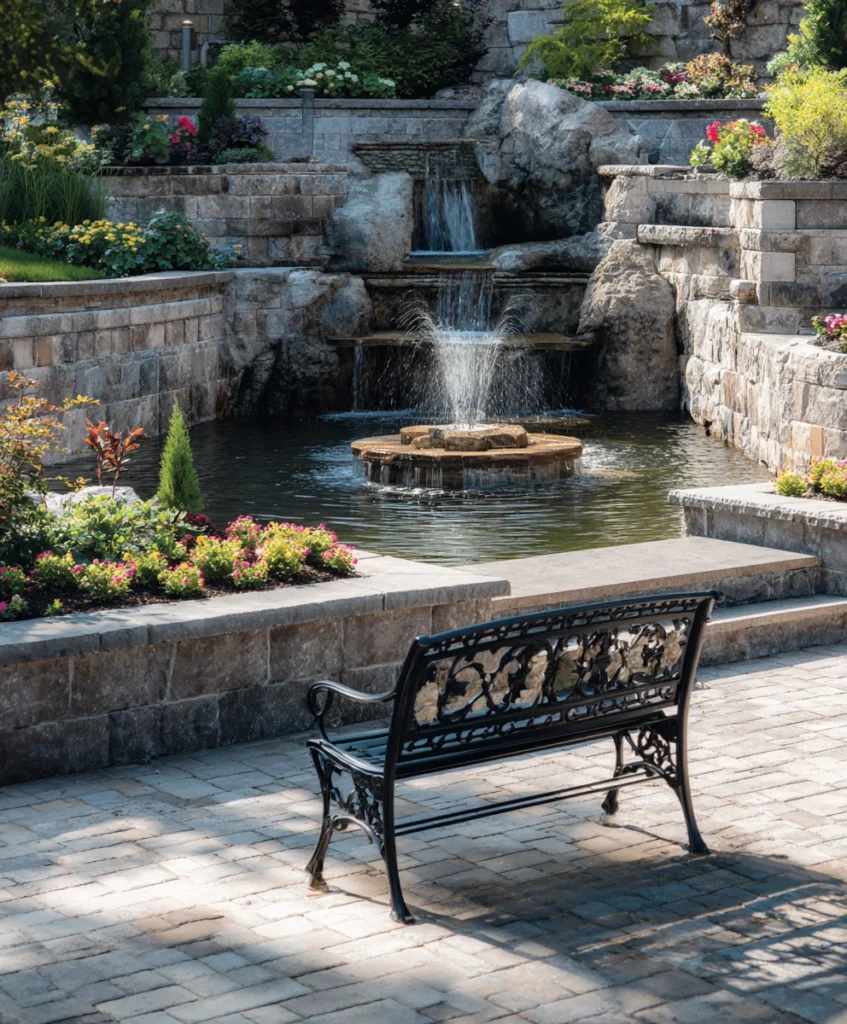 A landscaped backyard garden featuring a stone retaining wall with a built-in water feature.