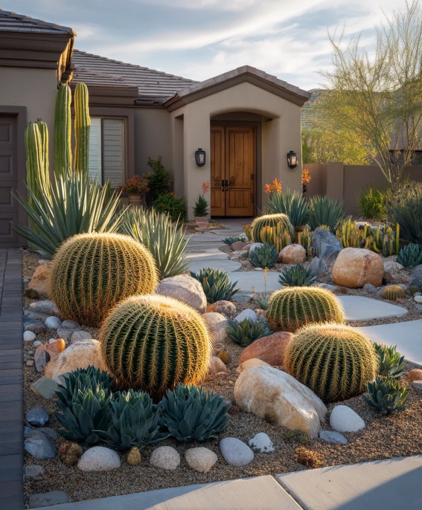 desert-themed front yard showcasing large golden barrel cacti, aloe vera, and echeveria rosettes arranged in artistic clusters