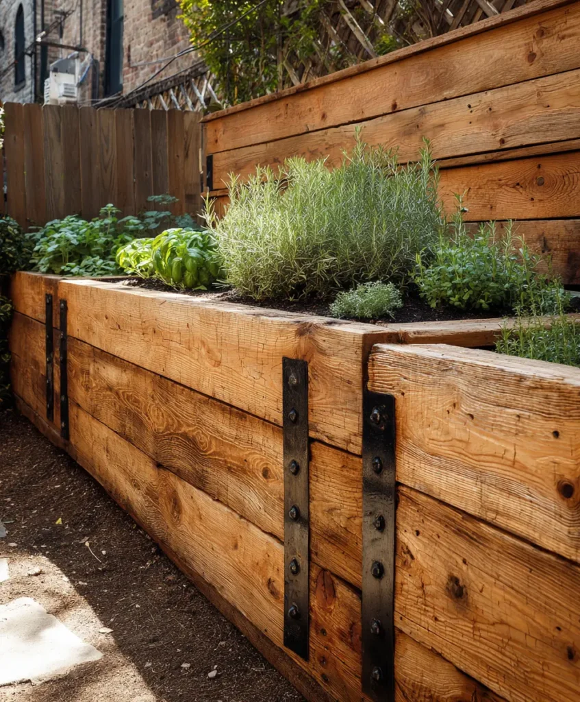 A cozy backyard garden framed by a timber retaining wall made of pressure-treated wood planks.
