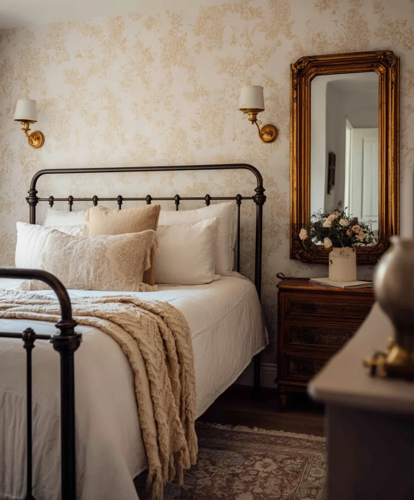 A vintage bedroom featuring a wrought iron bed with brass sconces mounted on the wallpapered wall.