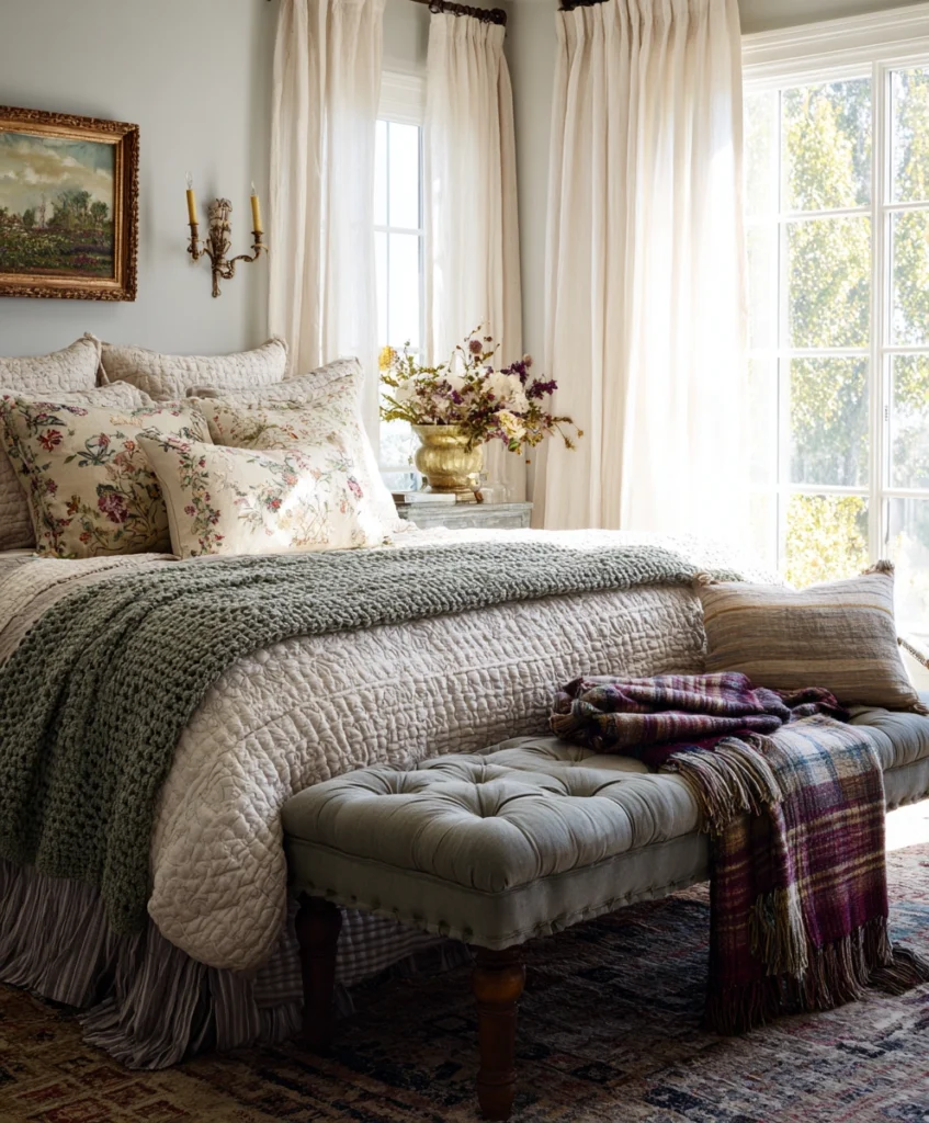 A layered bed with a crocheted throw, quilted blankets, and embroidered pillows in muted floral prints.