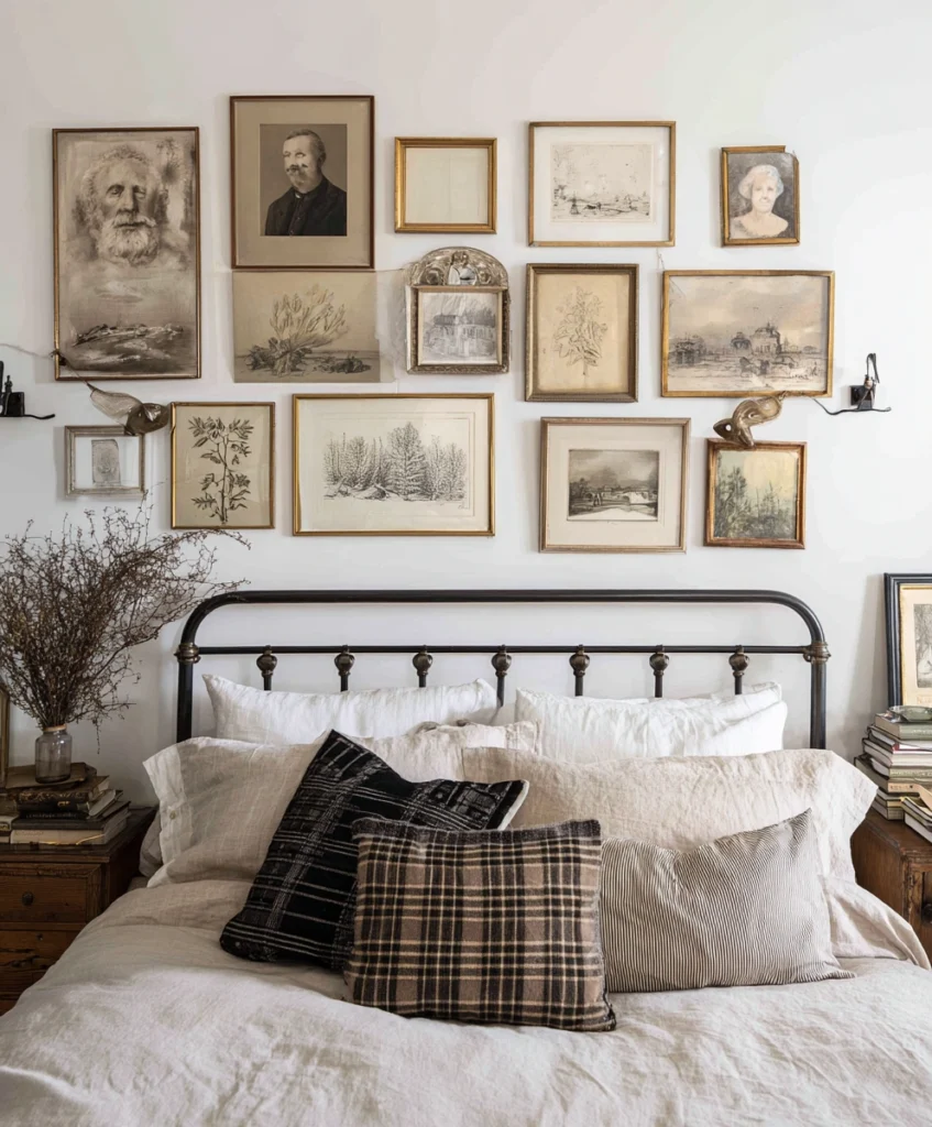 vintage bedroom wall decorated with a collection of mismatched frames: botanical prints, antique portraits, and sepia-toned photos