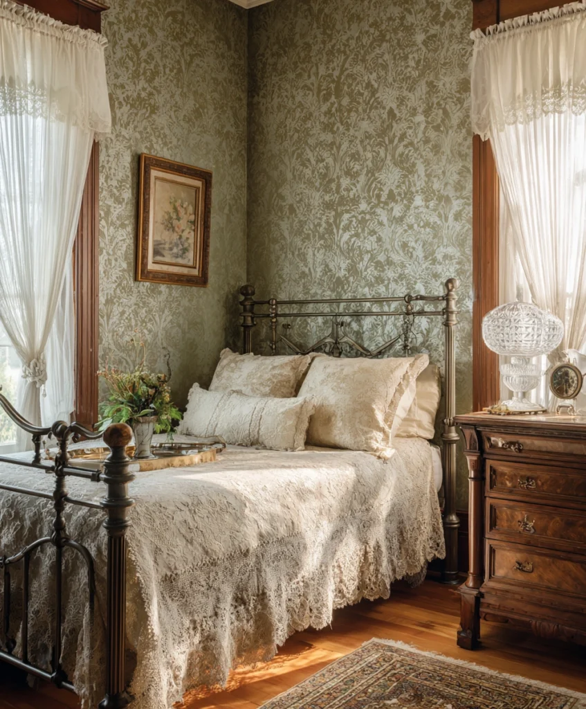 vintage bedroom with walls covered in muted damask wallpaper in soft sage tones
