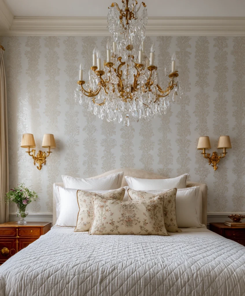 bedroom with a sparkling crystal chandelier hanging above the bed