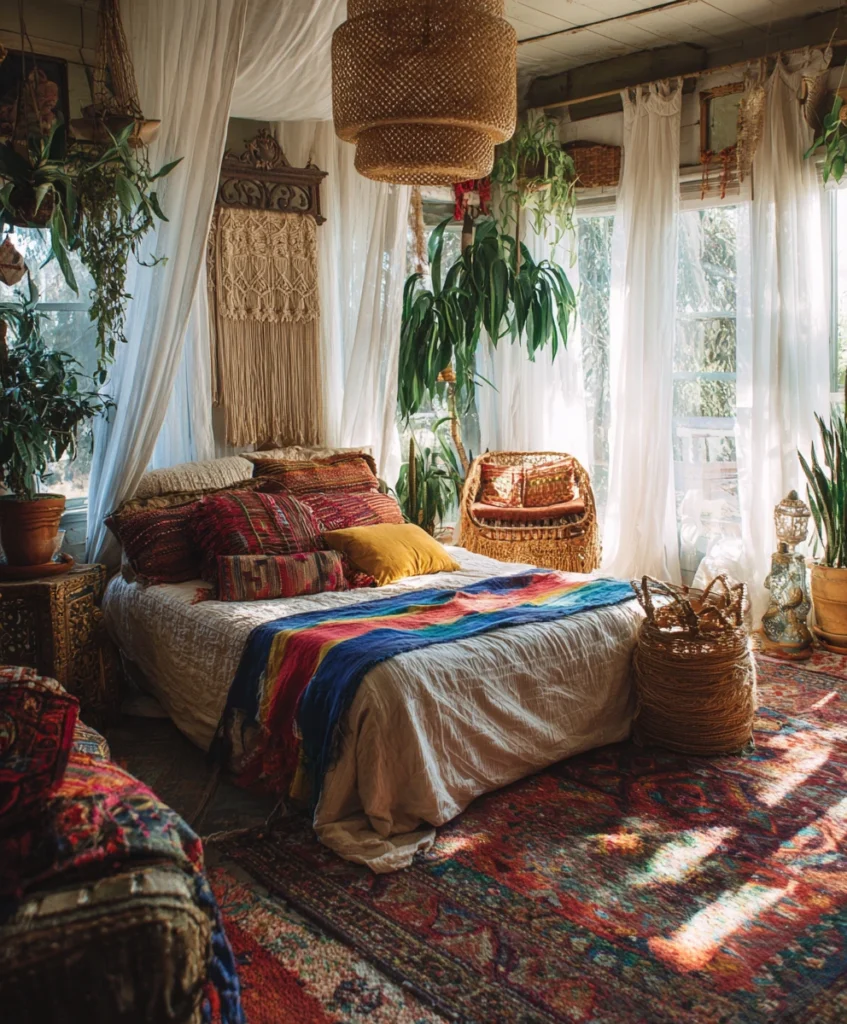 An eclectic bohemian bedroom with layered textiles, macramé wall hangings, and a colorful kilim rug.