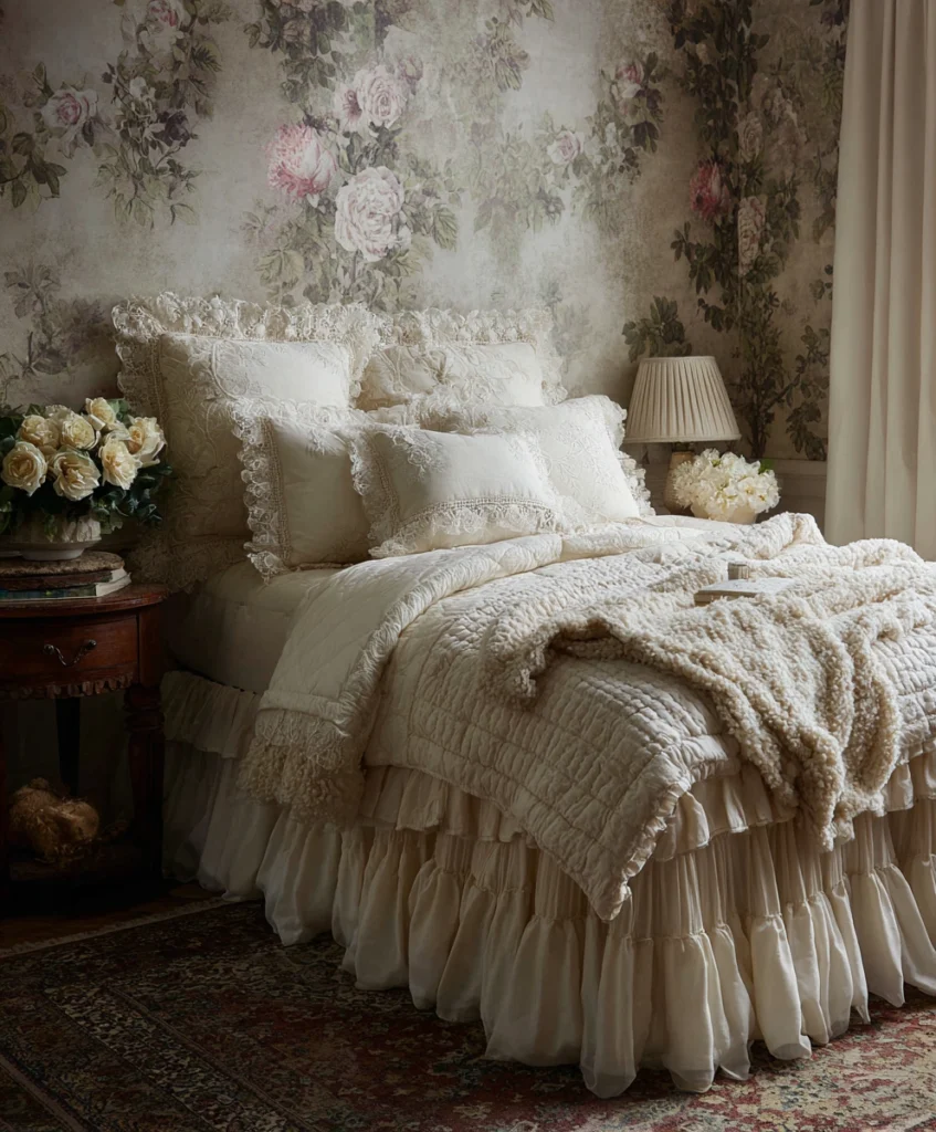 A bed dressed in ivory lace-trimmed pillowcases, embroidered linens, and a quilted comforter.