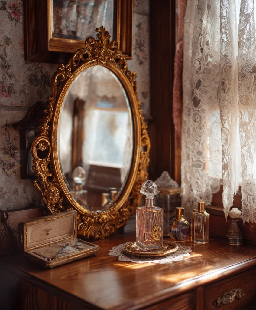 An ornate gold-framed mirror hangs above a wooden vanity in a vintage bedroom.