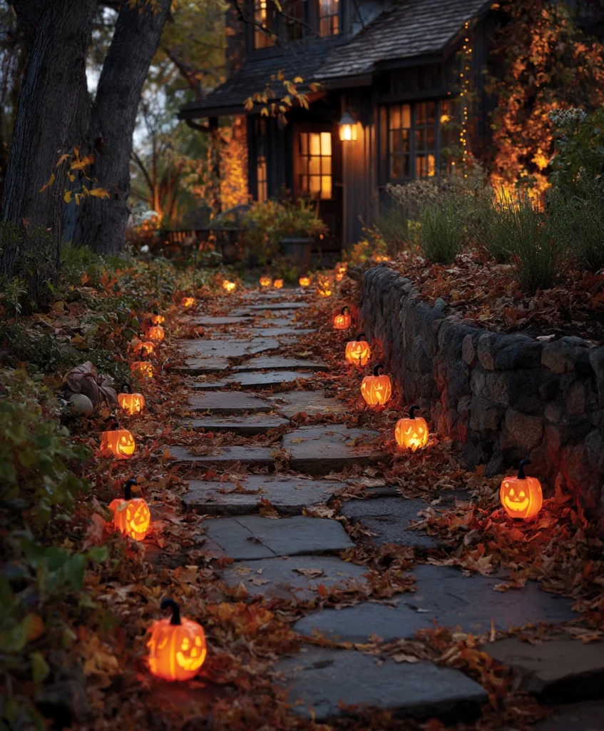 a stone walkway to a house lined with solar lantern stake lights shaped like pumpkins