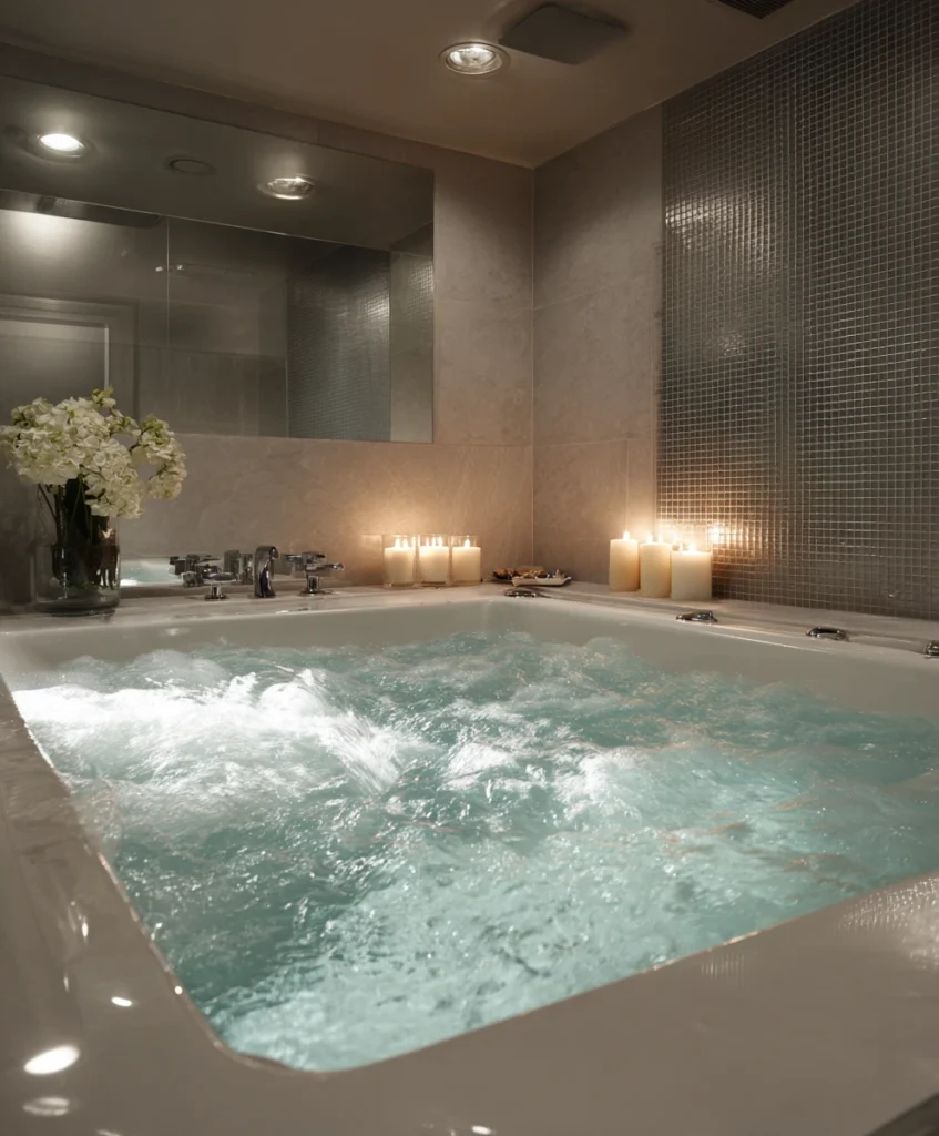 modern whirlpool bathtub with bubbling water jets in action, stylish tiled bathroom, chrome fixtures, recessed lighting, aromatherapy candles glowing, spa-like comfort,