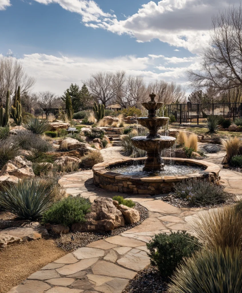Mediterranean-style xeriscape garden featuring a large tiered stone fountain as the focal point, surrounded by gravel, natural boulders, and drought-tolerant plants