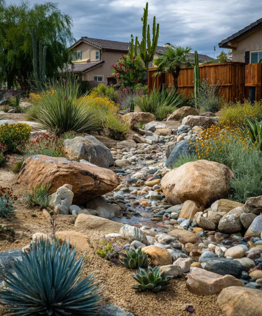 xeriscape garden showcasing a dry creek bed design, featuring a winding channel filled with smooth river rocks and larger boulders that mimic the look of a natural stream