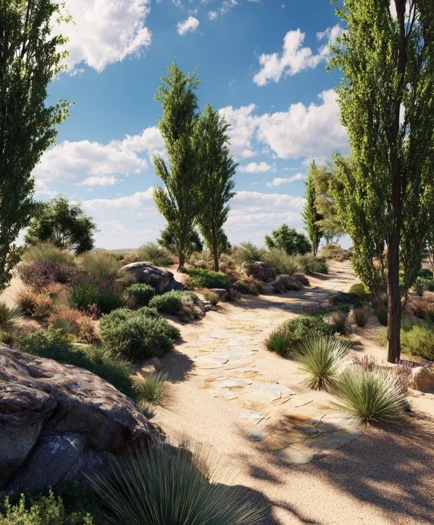 xeriscape landscape featuring tall drought-tolerant shade trees with slender trunks and lush green foliage, planted along a winding stone pathway