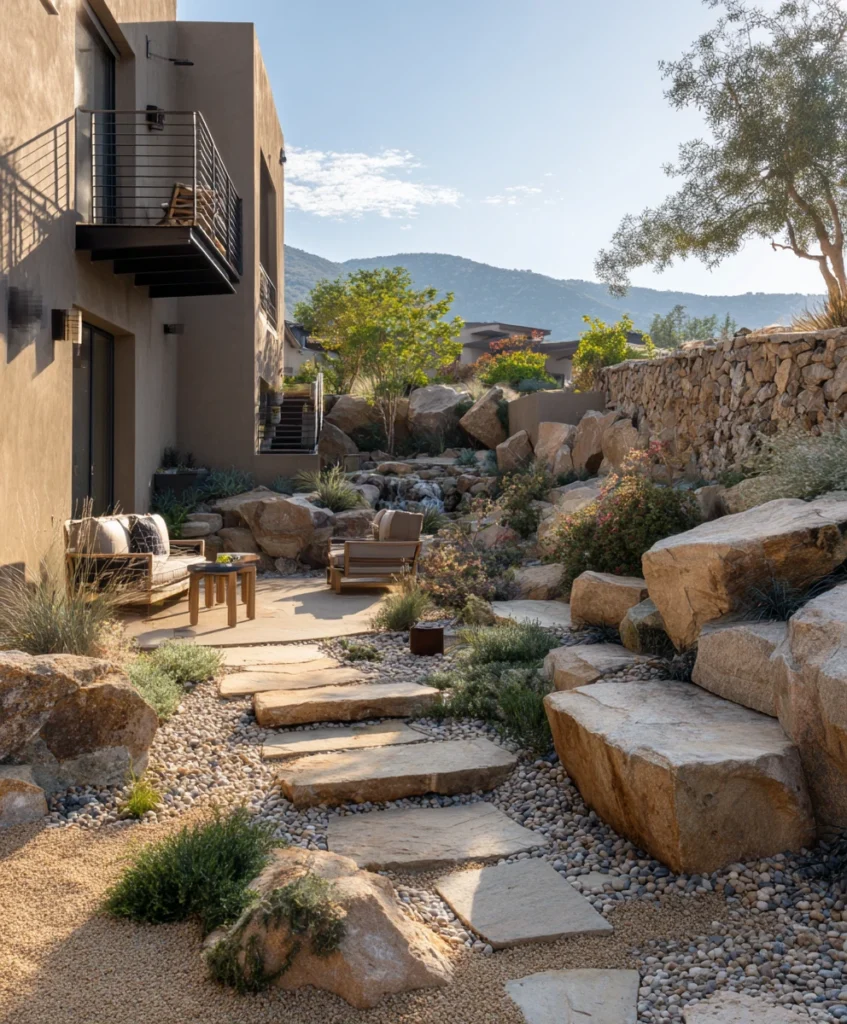 xeriscape yard featuring a flagstone walkway bordered by gravel and clusters of drought-tolerant plants