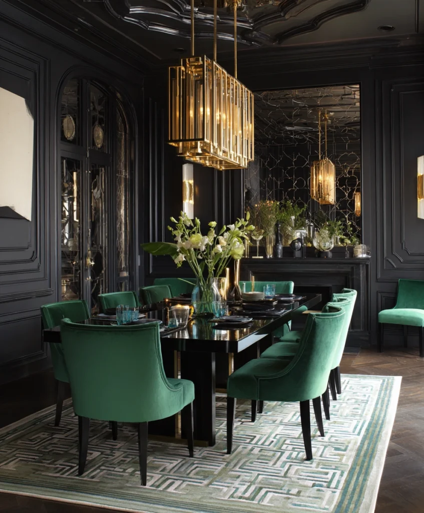 Art Deco dining room with a black lacquer dining table, emerald green velvet chairs, and a gold geometric chandelier