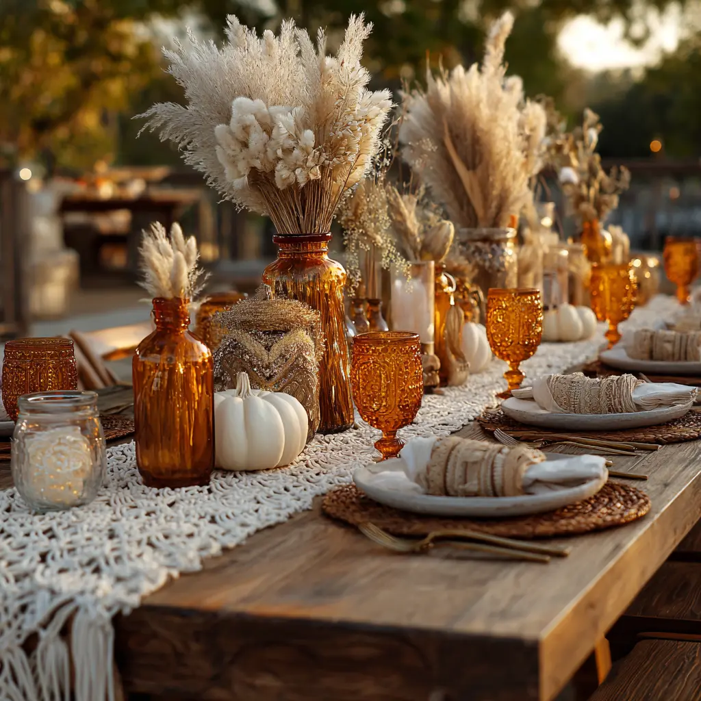 A bohemian-style table featuring a macramé runner, amber glass vases with pampas grass, bunny tails, and cotton stems.