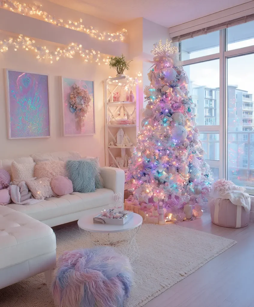 A dreamy Christmas interior featuring pastel colors like blush pink, mint, lavender, and soft blue