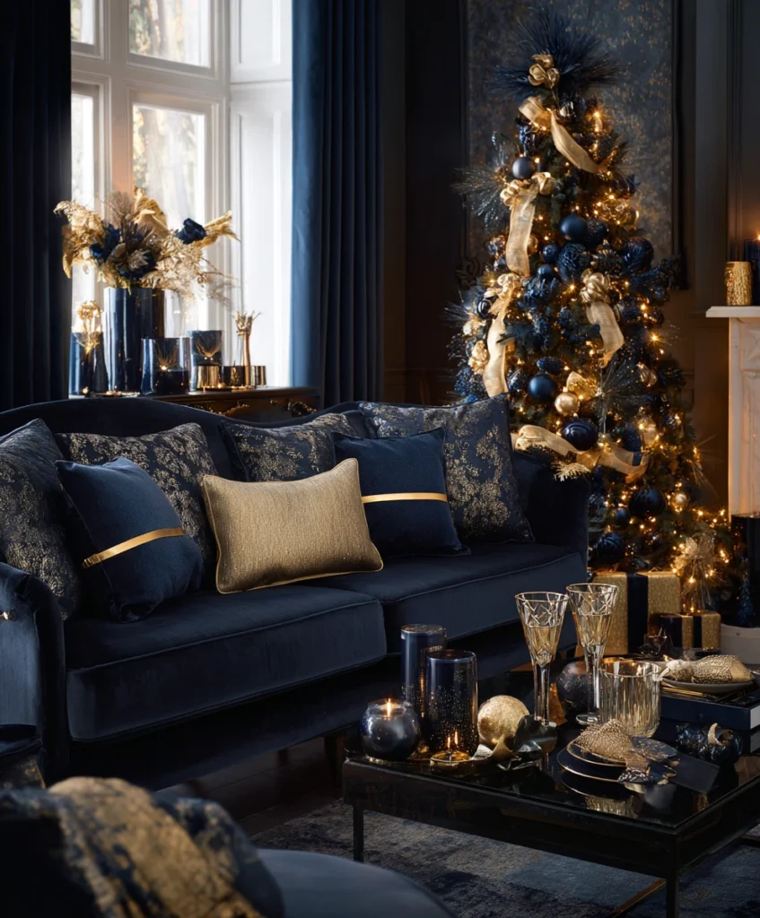 A glamorous Christmas living room featuring navy blue and gold décor.