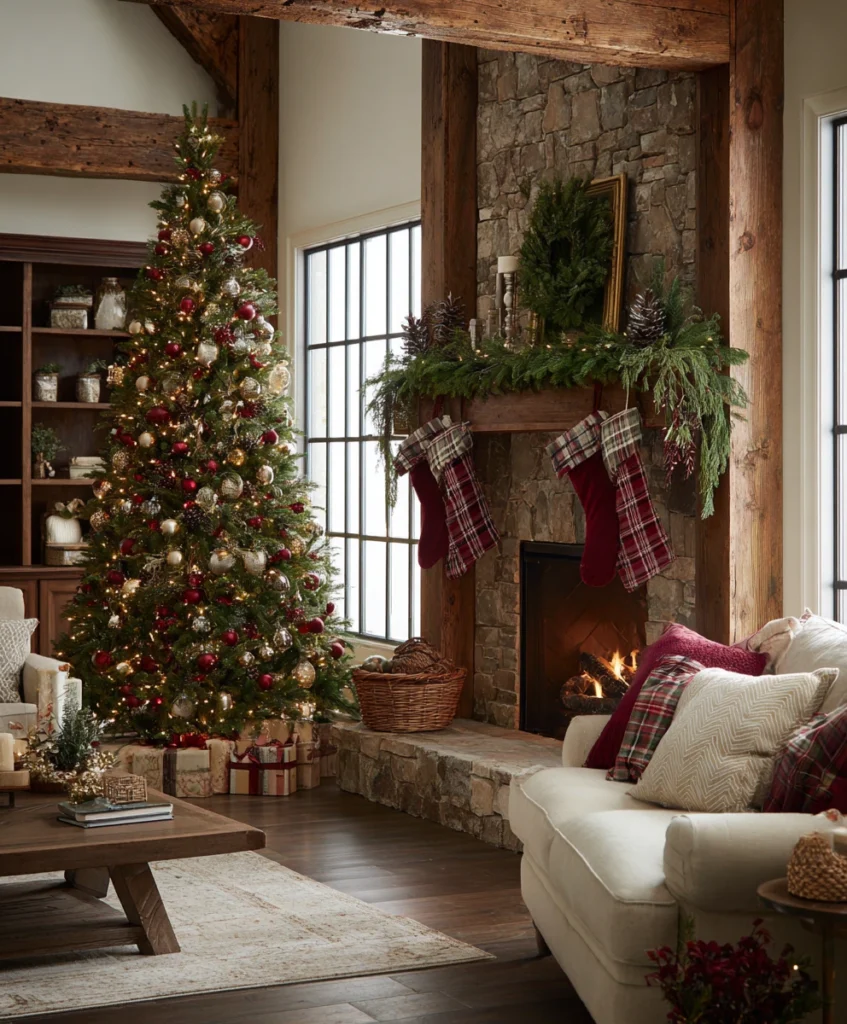 A traditional living room with a tall green Christmas tree covered in red ornaments, plaid ribbons, and warm white lights.