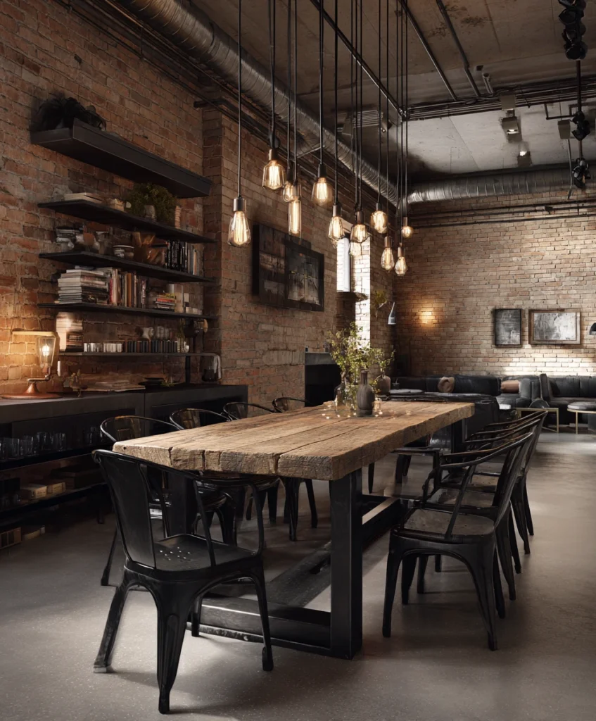 loft-inspired dining room with exposed brick walls, a heavy reclaimed wood table, and black steel chairs