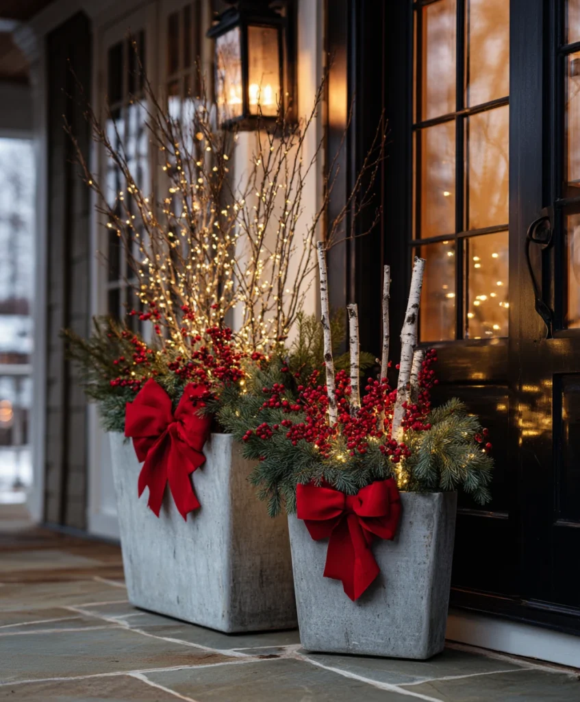 Large outdoor planters filled with fresh pine branches, red berries, birch logs, and twinkling fairy lights.