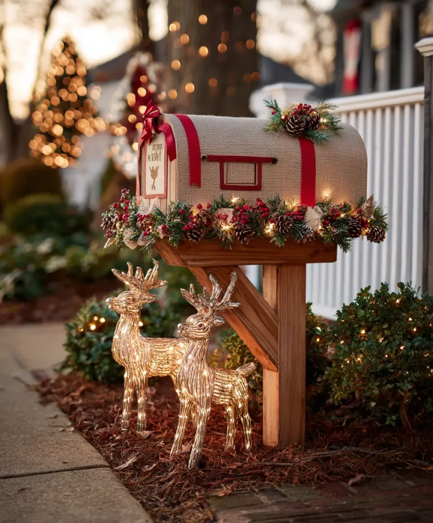 A charming mailbox wrapped in garland and red ribbon, topped with a small bow and pinecones.