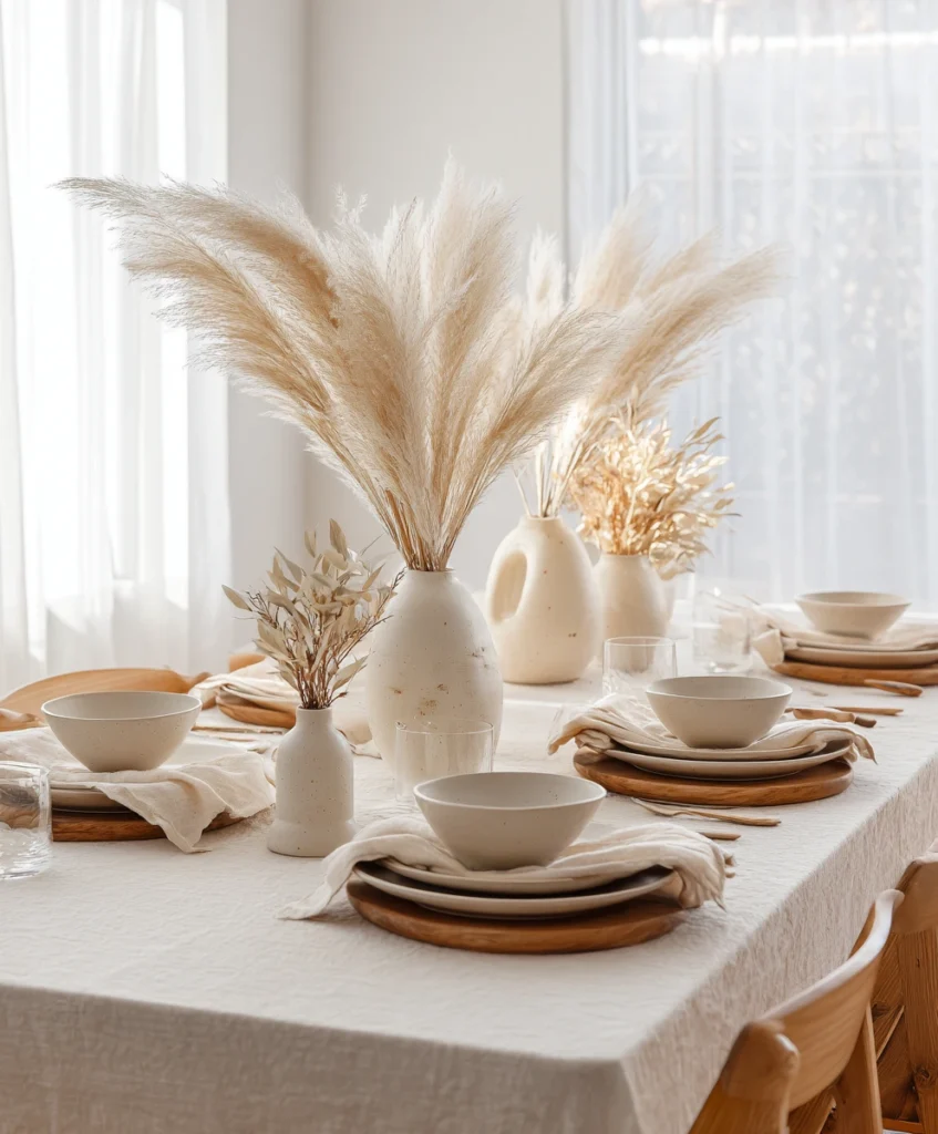 minimalist Thanksgiving table styled in beige, ivory, and taupe tones