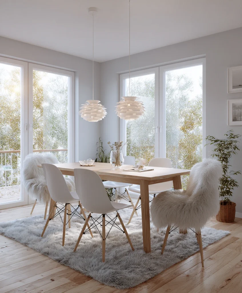 Scandinavian dining room with a pale wood dining table, simple white chairs, and soft gray accents
