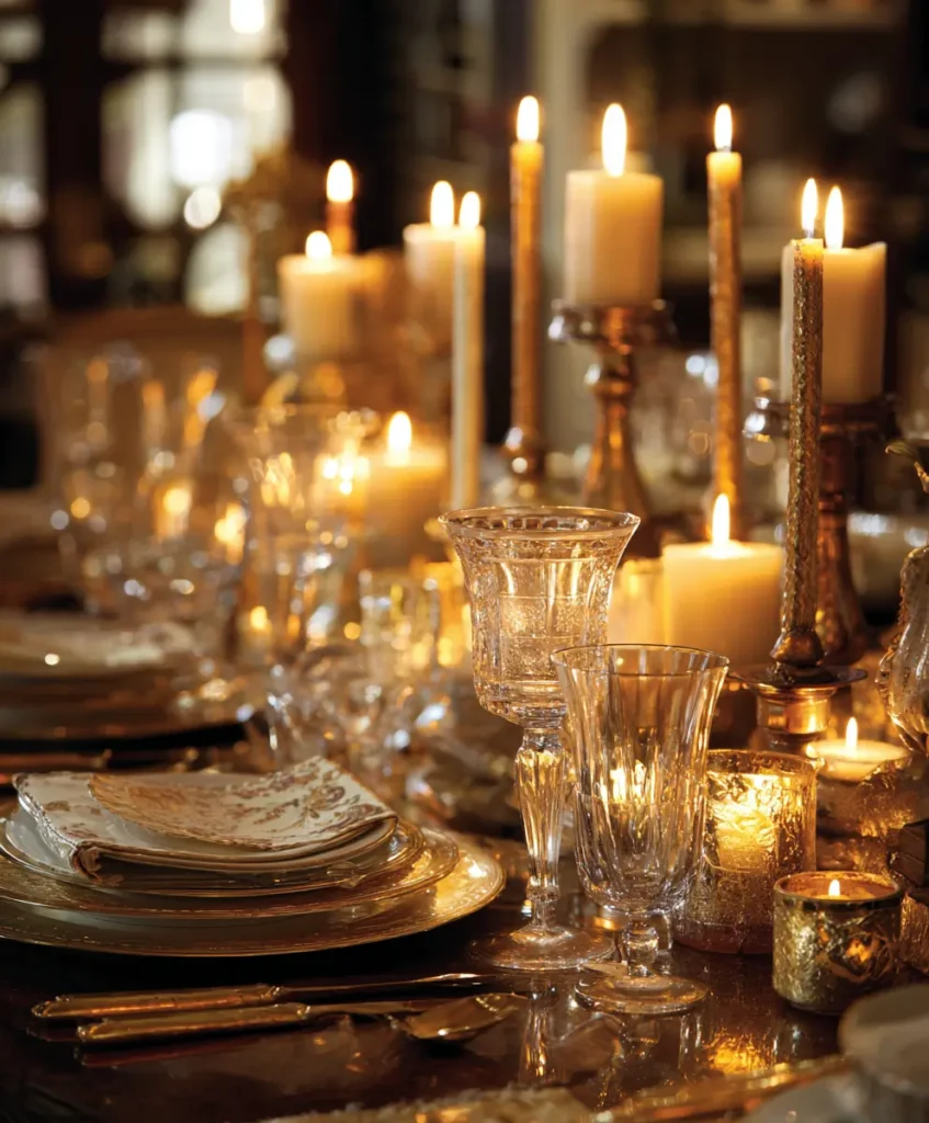 romantic Thanksgiving table bathed in candlelight, with tall taper candles, votives, and glass holders casting a soft glow