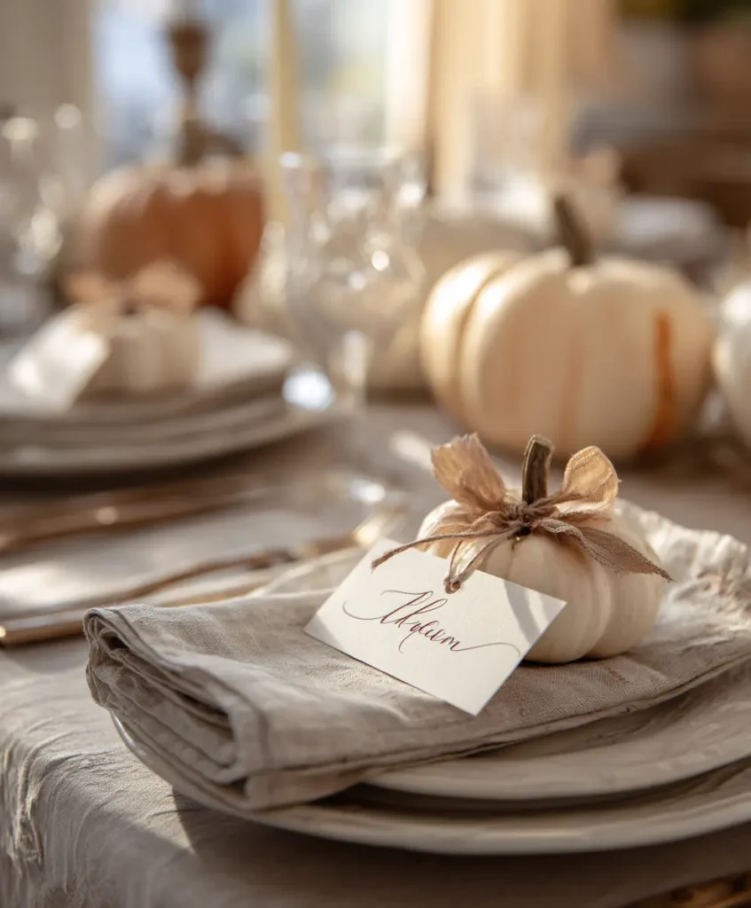 charming Thanksgiving table with handwritten name cards placed atop folded napkins