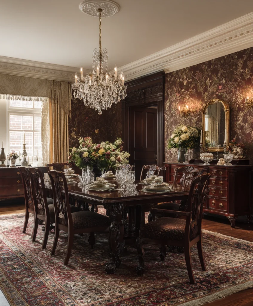 classic dining room with a dark mahogany table, upholstered chairs with carved wooden legs, and an ornate crystal chandelier