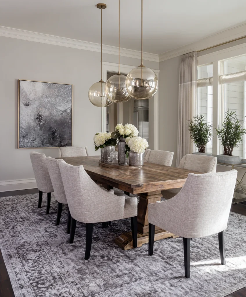 transitional dining room featuring a traditional wooden table paired with sleek, upholstered chairs