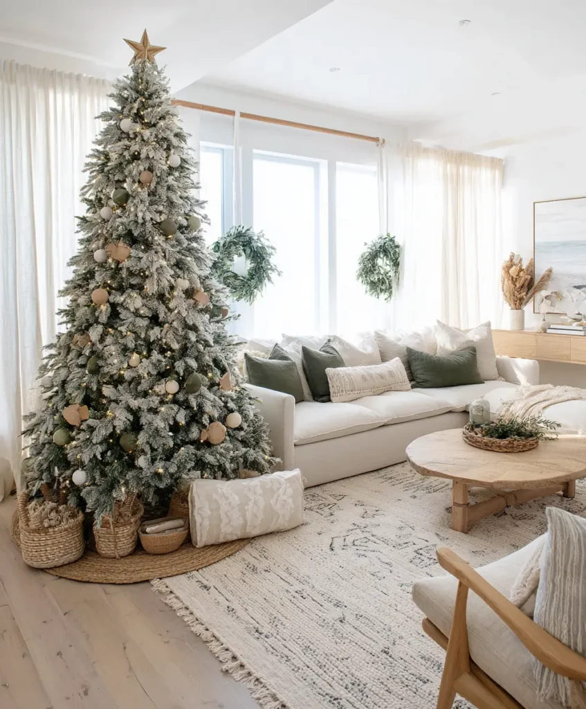 A Scandinavian-style living room with a white Christmas tree decorated with green and wooden ornaments.