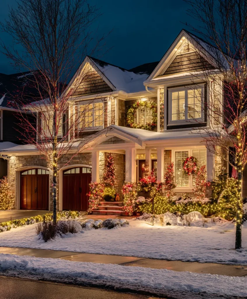 A cozy suburban home outlined with crisp white LED string lights along the roofline and icicle lights hanging from the eaves.