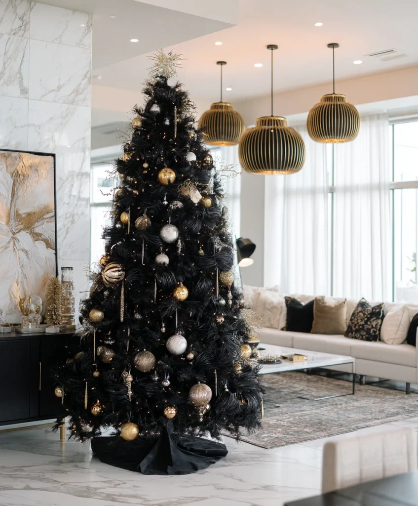 A modern, high-contrast holiday interior featuring a sleek black Christmas tree with gold and white ornaments.