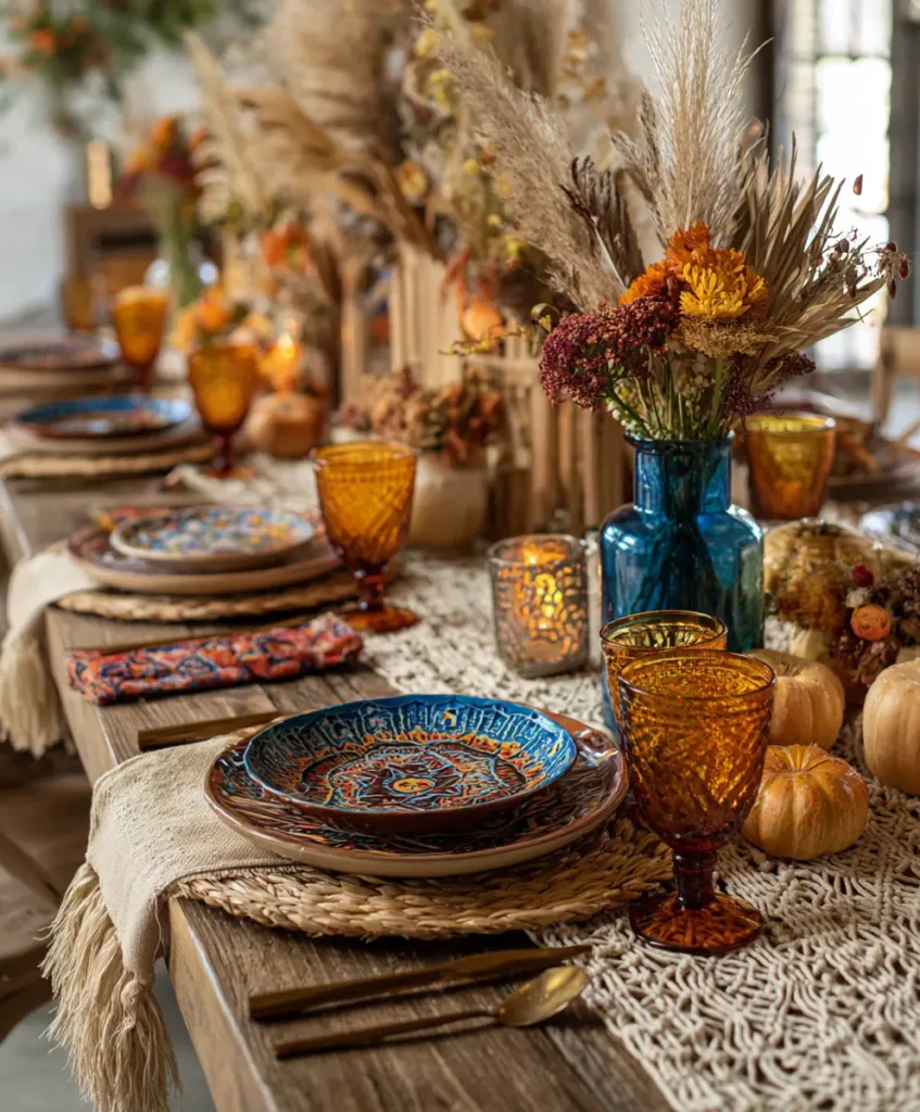 bohemian Thanksgiving table layered with rattan placemats, macrame runners, amber glassware, and colorful ceramic plates
