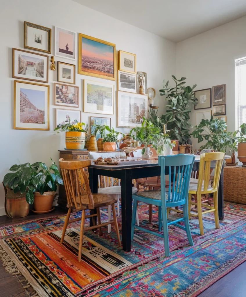 bohemian dining room with a mix of mismatched chairs, layered patterned rugs, and colorful textiles