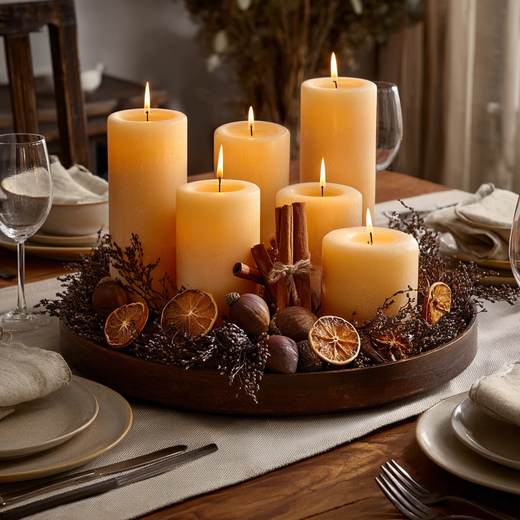 circular tray centerpiece with pillar candles of varying heights surrounded by cinnamon sticks, acorns, and dried orange slices