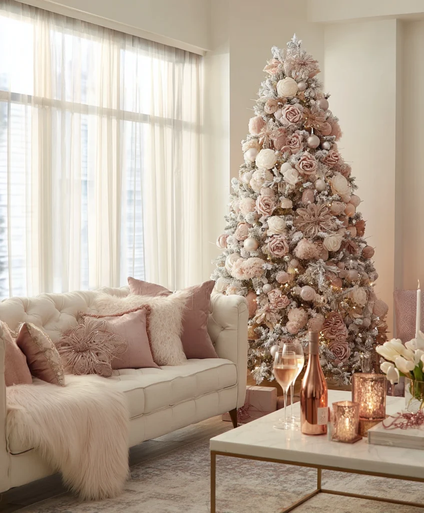 A modern living room featuring a flocked Christmas tree with champagne and blush ornaments.
