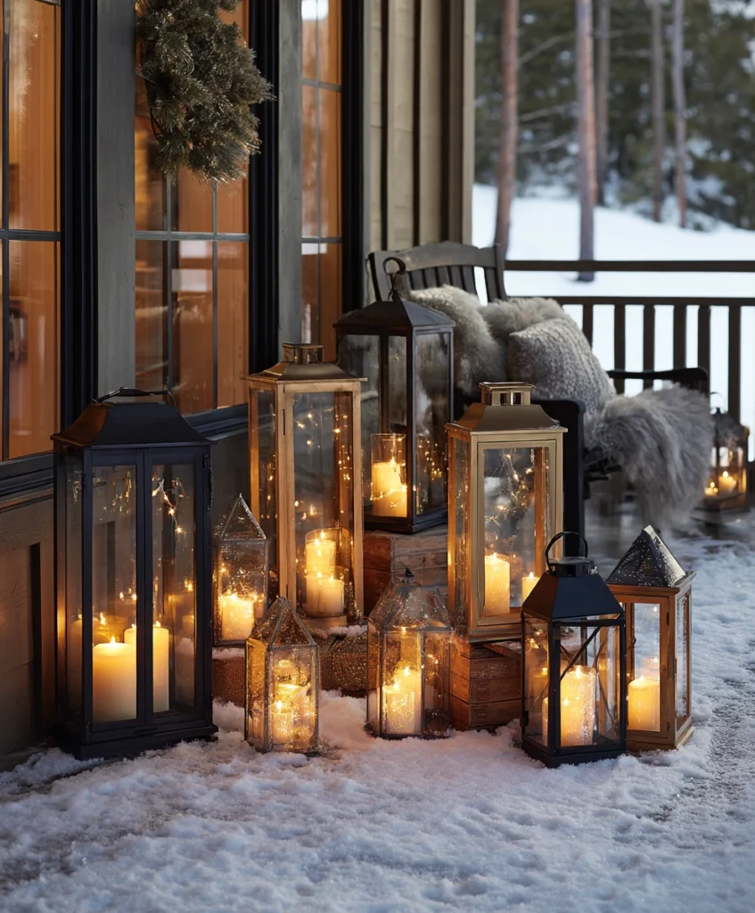 A cluster of lanterns of varying heights arranged on a snow-dusted porch.