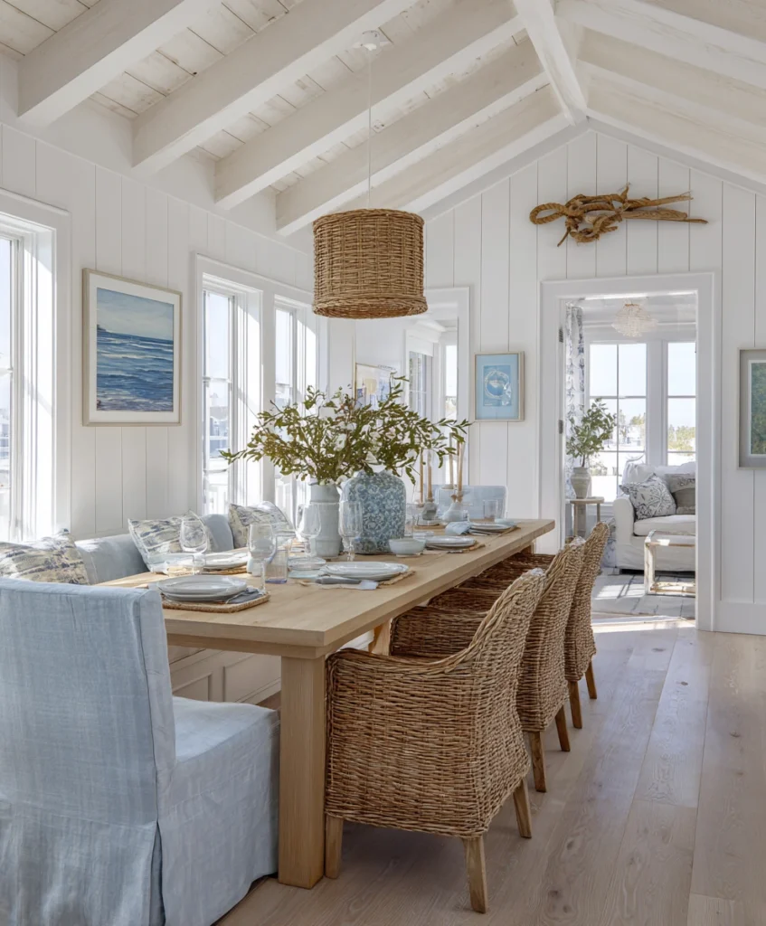 airy coastal dining room with a light oak dining table, rattan chairs, and linen slipcovers