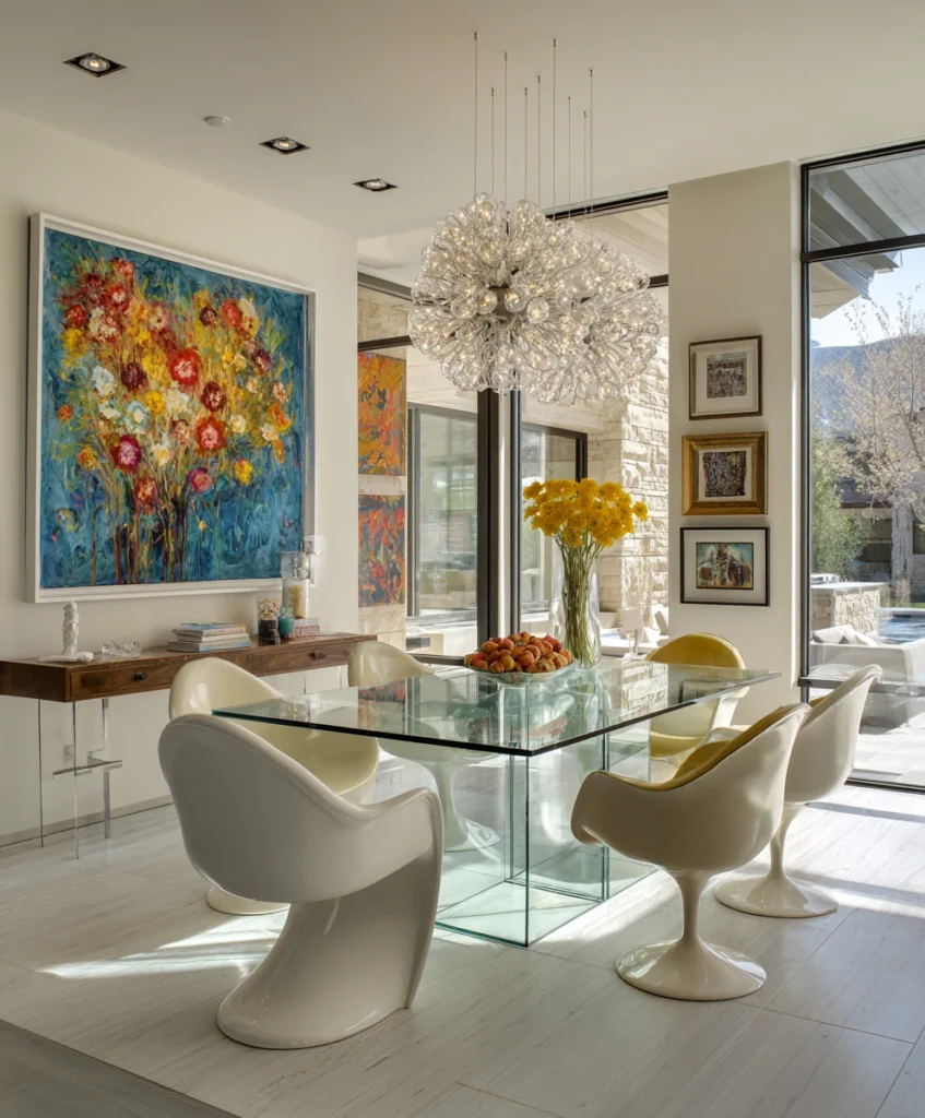 contemporary dining room with bold art pieces, a statement chandelier, and a glass dining table paired with sculptural chairs