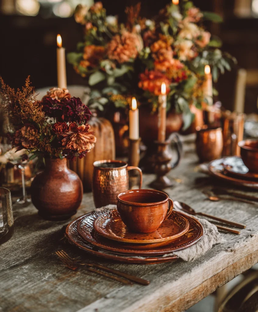 warm Thanksgiving table styled with terracotta dishes, copper mugs, and candleholders
