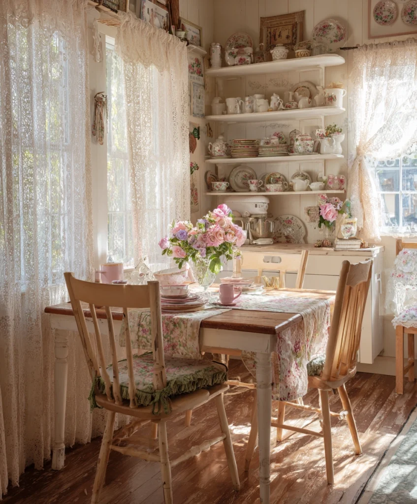 a quaint cottage-style dining room with a painted wooden table, floral-patterned fabrics, and soft pastel colors