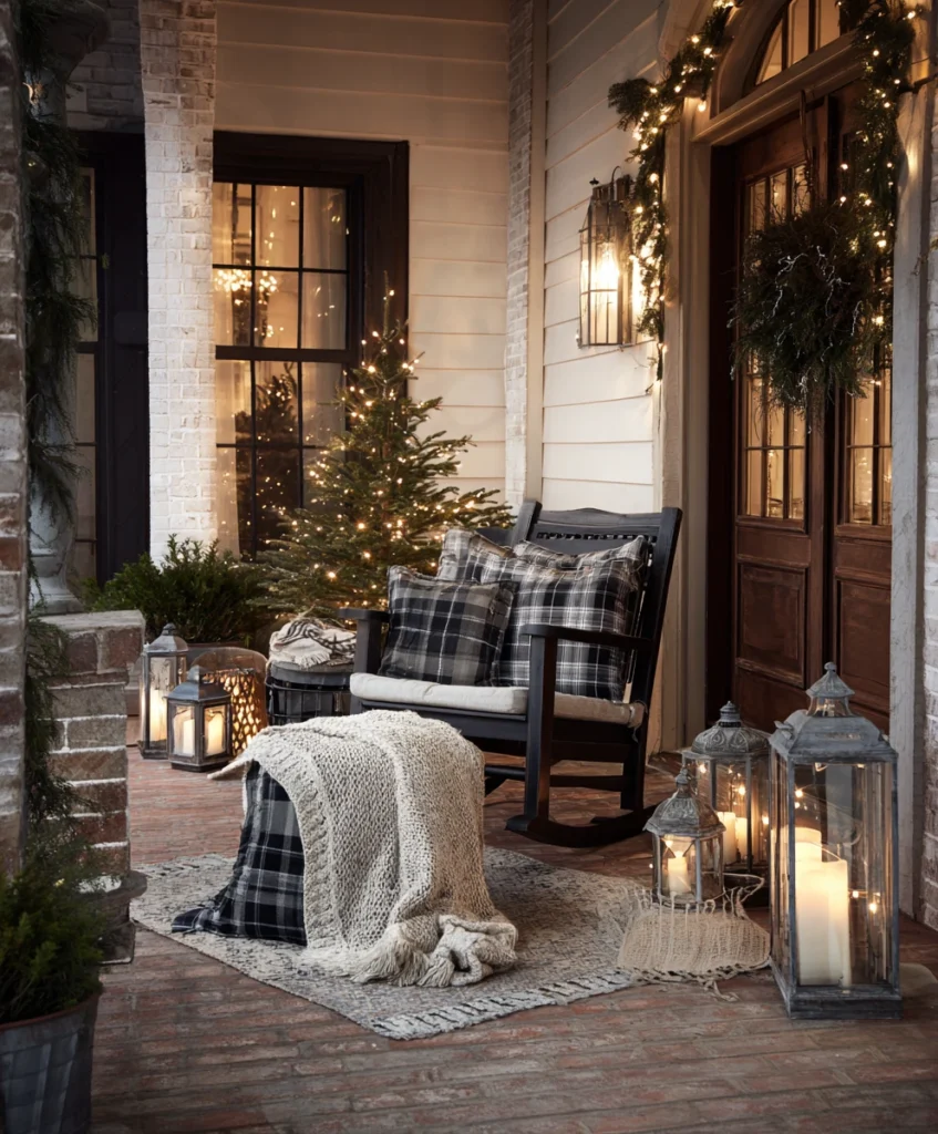 A front porch featuring a cozy seating nook with plaid pillows, a knit blanket, and a small decorated Christmas tree beside a rocking chair.